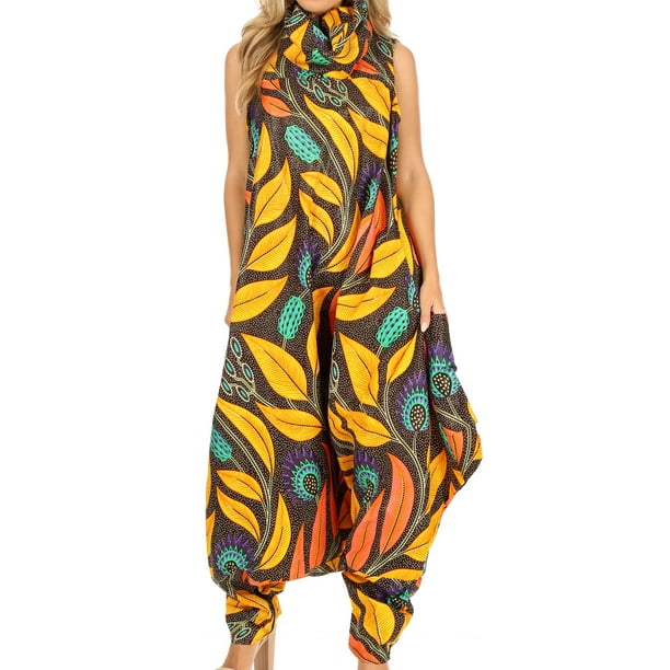 Sakkas Loa Womens African Ankara Print Maxi Harem Jumpsuit Dress Sleeveless